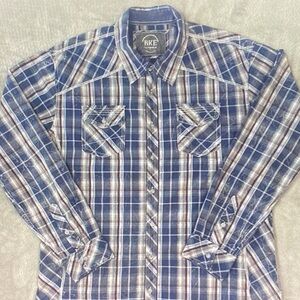 BKE Men's Casual Navy and White Plaid Shirt